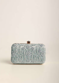Silver Grey Festive Embroidered Clutch In Raw Silk