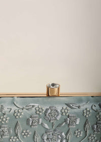 Silver Grey Festive Embroidered Clutch In Raw Silk