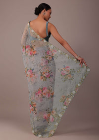 Silver Grey Floral Printed Saree In Organza With Cut Dana Butti All Over