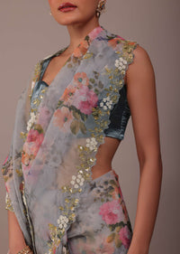 Silver Grey Floral Printed Saree In Organza With Cut Dana Butti All Over