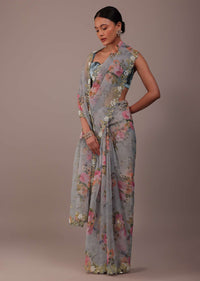 Silver Grey Floral Printed Saree In Organza With Cut Dana Butti All Over