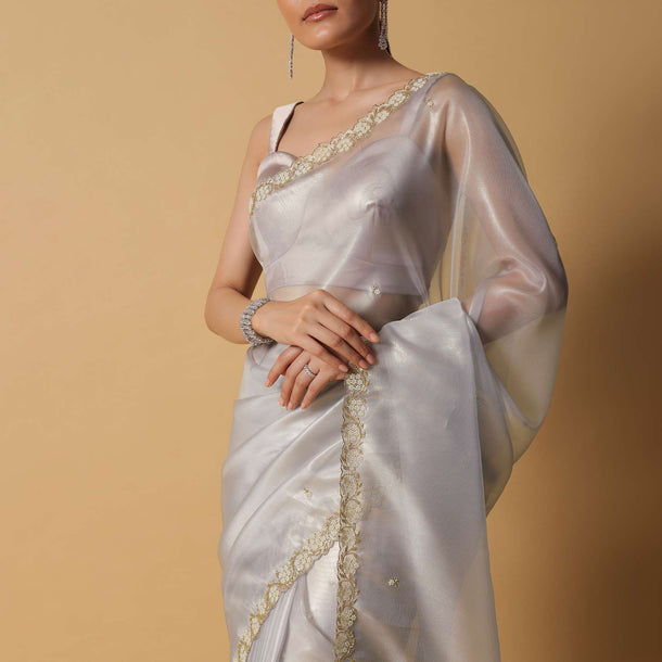 Silver Grey Foil Saree In Tissue With Cut Dana Embroidered Borders