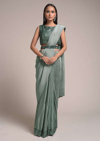 Silver Grey Half And Half Saree In Satin Silk With Sequins Border And Crushed Pallu Online - Kalki Fashion