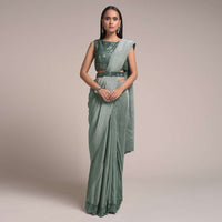 Silver Grey Half And Half Saree In Satin Silk With Sequins Border And Crushed Pallu Online - Kalki Fashion