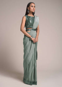 Silver Grey Half And Half Saree In Satin Silk With Sequins Border And Crushed Pallu Online - Kalki Fashion