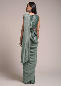 Silver Grey Half And Half Saree In Satin Silk With Sequins Border And Crushed Pallu Online - Kalki Fashion