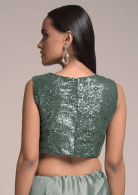Silver Grey Half And Half Saree In Satin Silk With Sequins Border And Crushed Pallu Online - Kalki Fashion