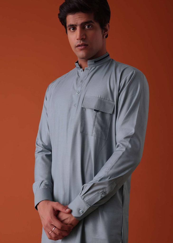 Silver Grey Pathani Kurta Set In Terry Rayon WIth Threadwork