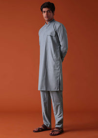 Silver Grey Pathani Kurta Set In Terry Rayon WIth Threadwork