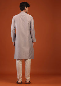 Silver Grey Striped Zari Woven Silk Kurta Set