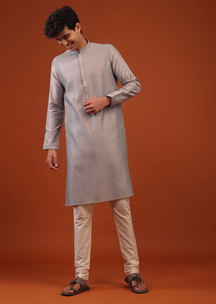 Silver Grey Striped Zari Woven Silk Kurta Set