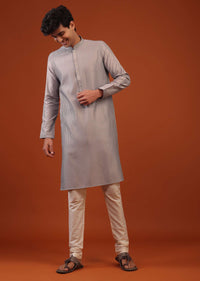 Silver Grey Striped Zari Woven Silk Kurta Set