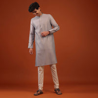 Silver Grey Striped Zari Woven Silk Kurta Set