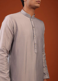 Silver Grey Striped Zari Woven Silk Kurta Set