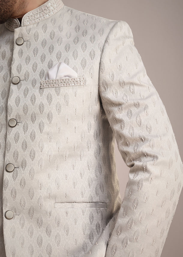 Silver Jodhpuri Suit With Mandarin Collar