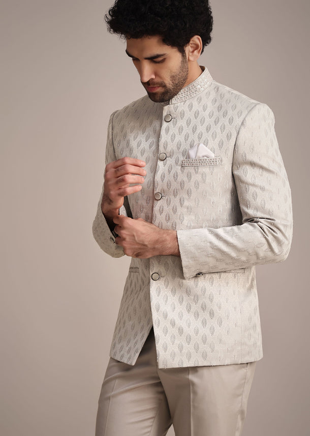 Silver Jodhpuri Suit With Mandarin Collar