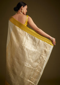 Silver Kanjivaram Silk Saree With Gold Contrast Border