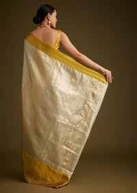 Silver Kanjivaram Silk Saree With Gold Contrast Border
