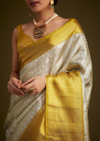 Silver Kanjivaram Silk Saree With Gold Contrast Border
