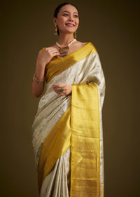 Silver Kanjivaram Silk Saree With Gold Contrast Border