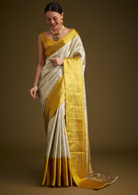 Silver Kanjivaram Silk Saree With Gold Contrast Border