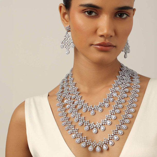 Silver Layered Necklace With White Zirconia And Danglers