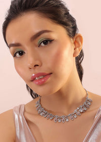 Silver Leaf-Flower Shaped Necklace With Earrings Studded In Bubble-Gum Pink Along With White Stones