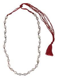 Silver Long Necklace Adorned With Beads And Maroon Thread Made In Sterling Silver By Sangeeta Boochra