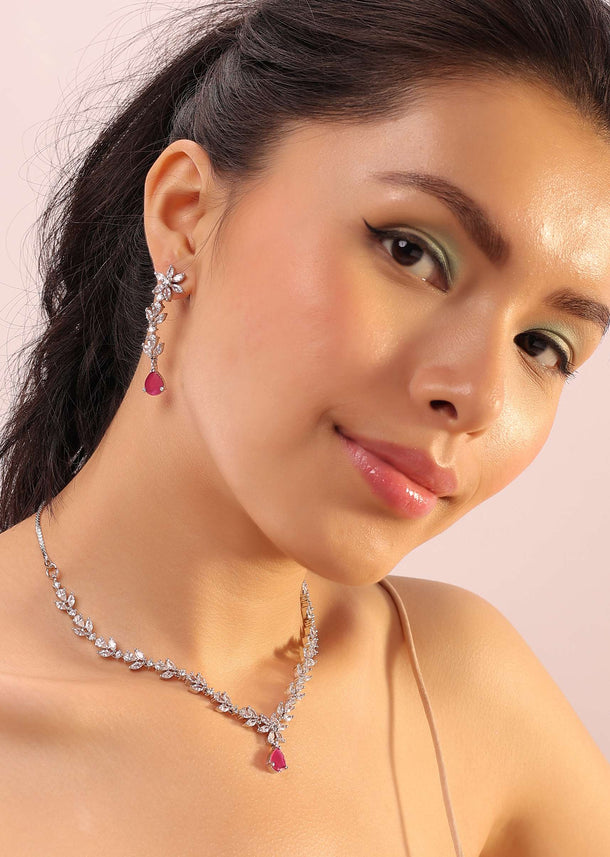 Silver Minimal Floral Design Necklace And Earrings In White And Red Stones