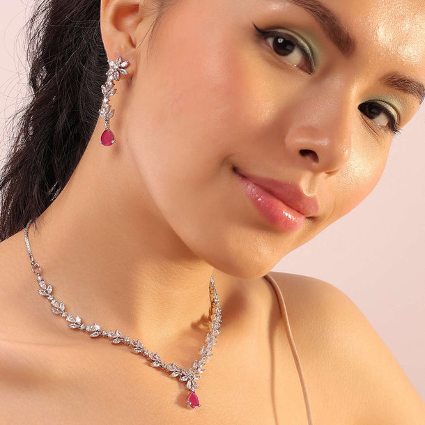 Silver Minimal Floral Design Necklace And Earrings In White And Red Stones