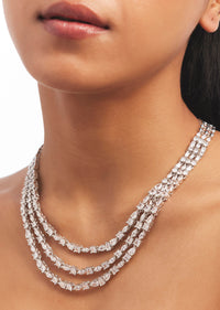 Silver Multi Layered Zircon Necklace And Drop Earrings Set