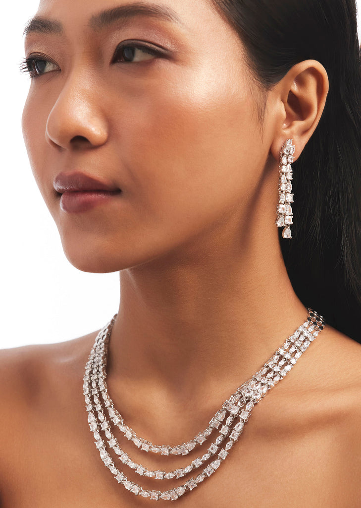 Silver Multi Layered Zircon Necklace And Drop Earrings Set