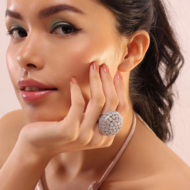 Silver Mushroom Ring With White Stones Embedded In Floral Patterns