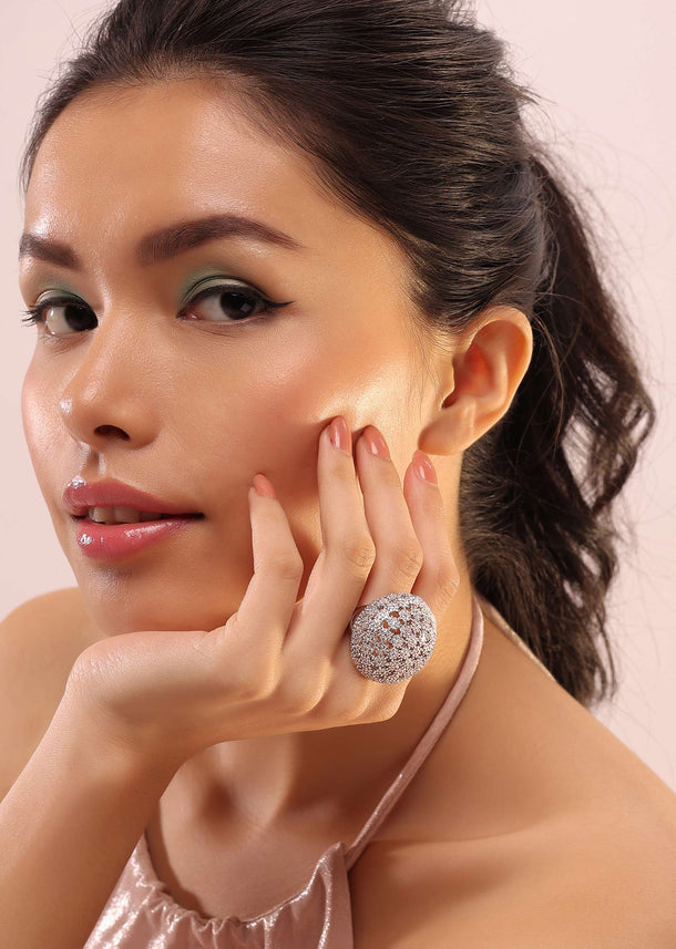 Silver Mushroom Ring With White Stones Embedded In Floral Patterns