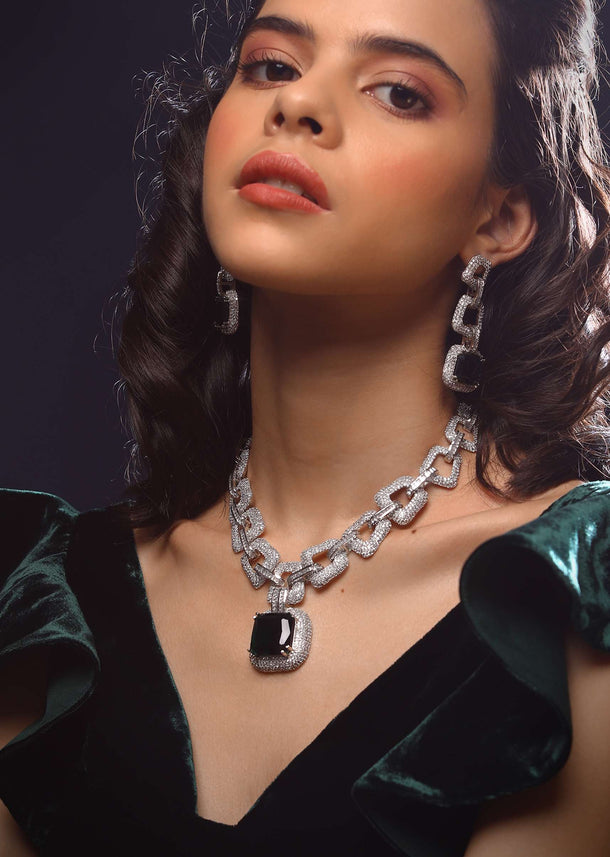 Silver Necklace And Earrings Set Studded In Green Stone Pendant Swarovski Link Chain Design