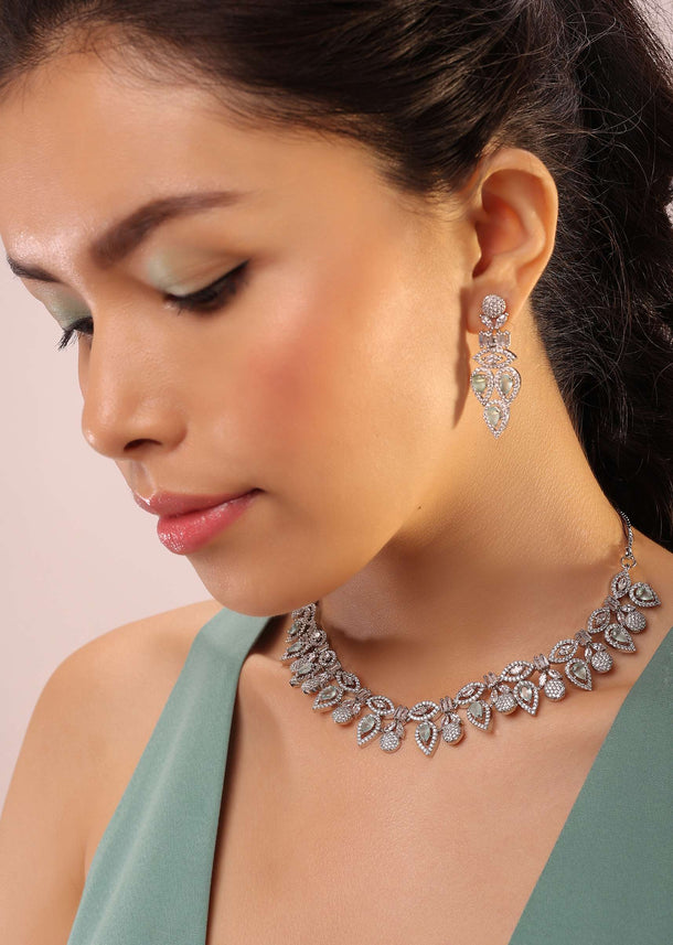 Silver Necklace And Earrings With White & Grey Stones