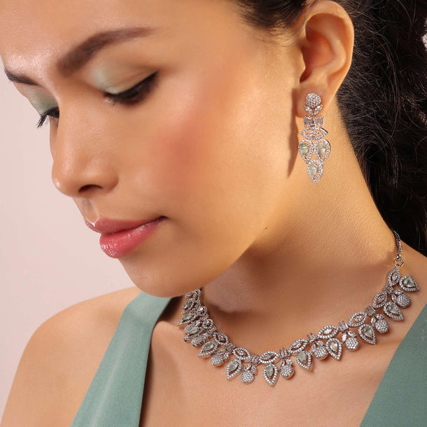 Silver Necklace And Earrings With White & Grey Stones