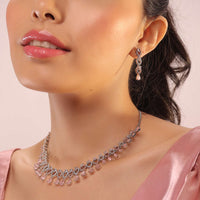 Silver Necklace & Earrings Set With Pink & White Diamonds