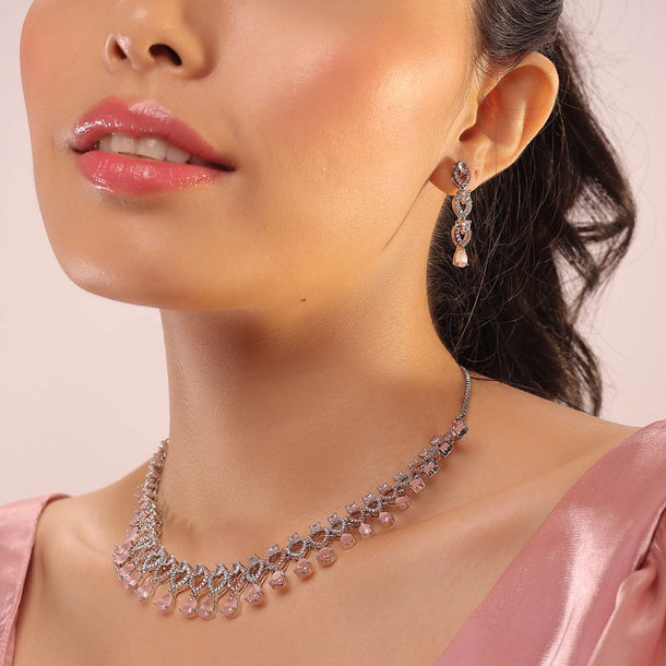 Silver Necklace & Earrings Set With Pink & White Diamonds