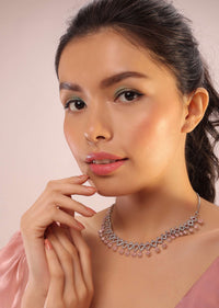 Silver Necklace & Earrings Set With Pink & White Diamonds