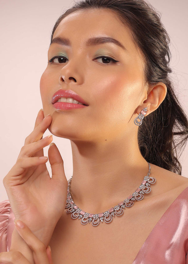 Silver Necklace & Earrings Set With Pink Diamonds