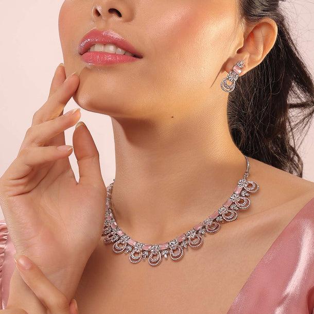 Silver Necklace & Earrings Set With Pink Diamonds