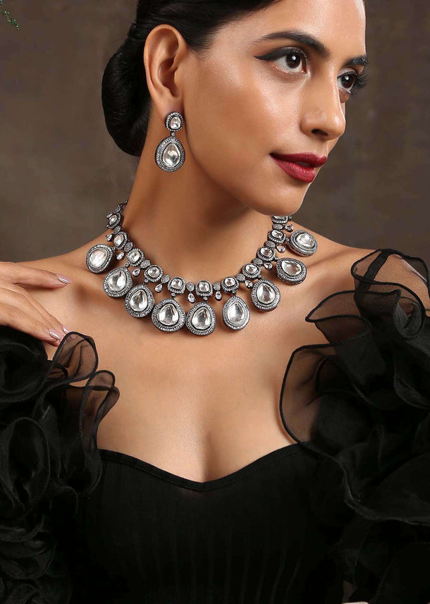 Silver Necklace With Kundan Polki In A Contemporary Design Along With Zirconia Stones