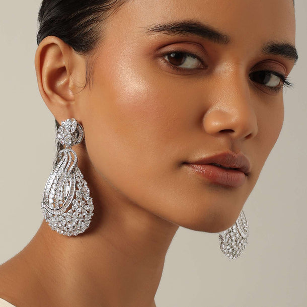 Silver Oversized Statement Danglers With White Zirconia Stones