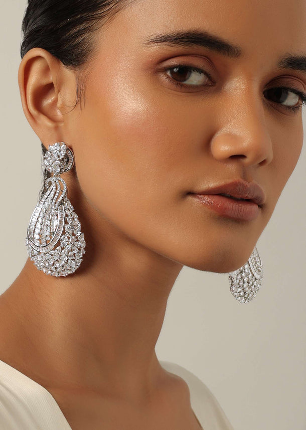Silver Oversized Statement Danglers With White Zirconia Stones