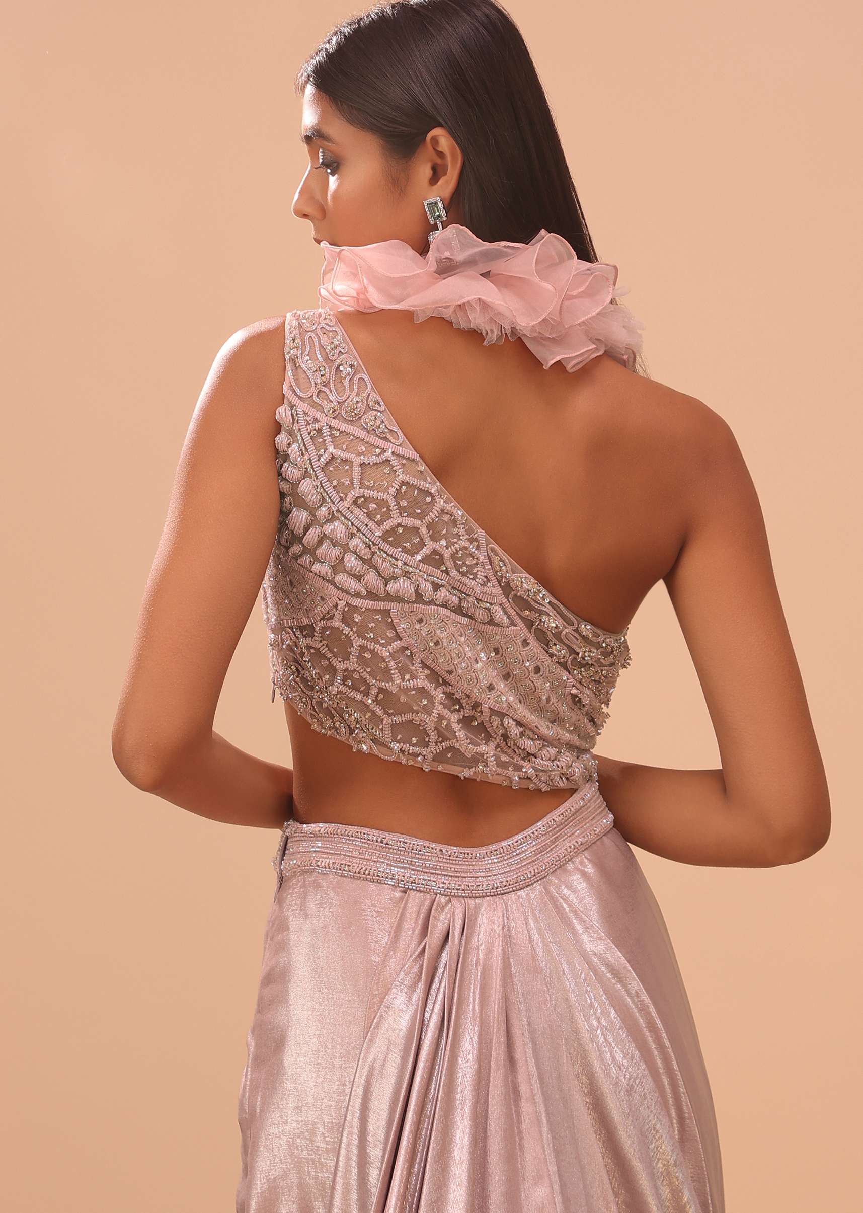 Dusty Pink Embroidered Gown With Ruffle Adornments