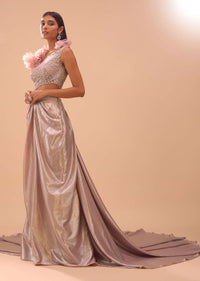 Dusty Pink Embroidered Gown With Ruffle Adornments