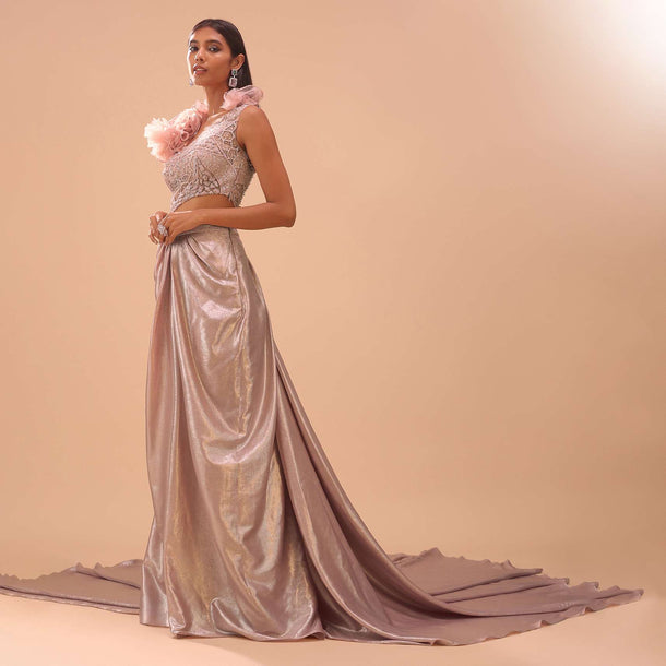 Dusty Pink Embroidered Gown With Ruffle Adornments