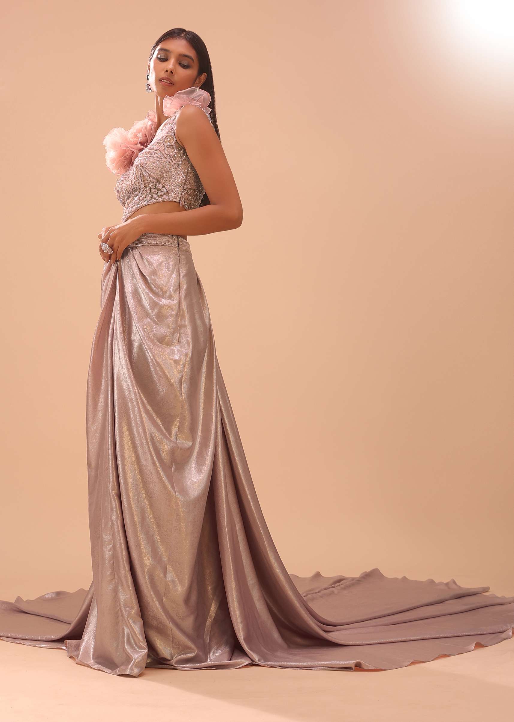 Dusty Pink Embroidered Gown With Ruffle Adornments