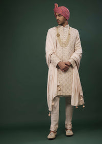 Pale Pink Thread And Zari Embroidered Silk Sherwani Set